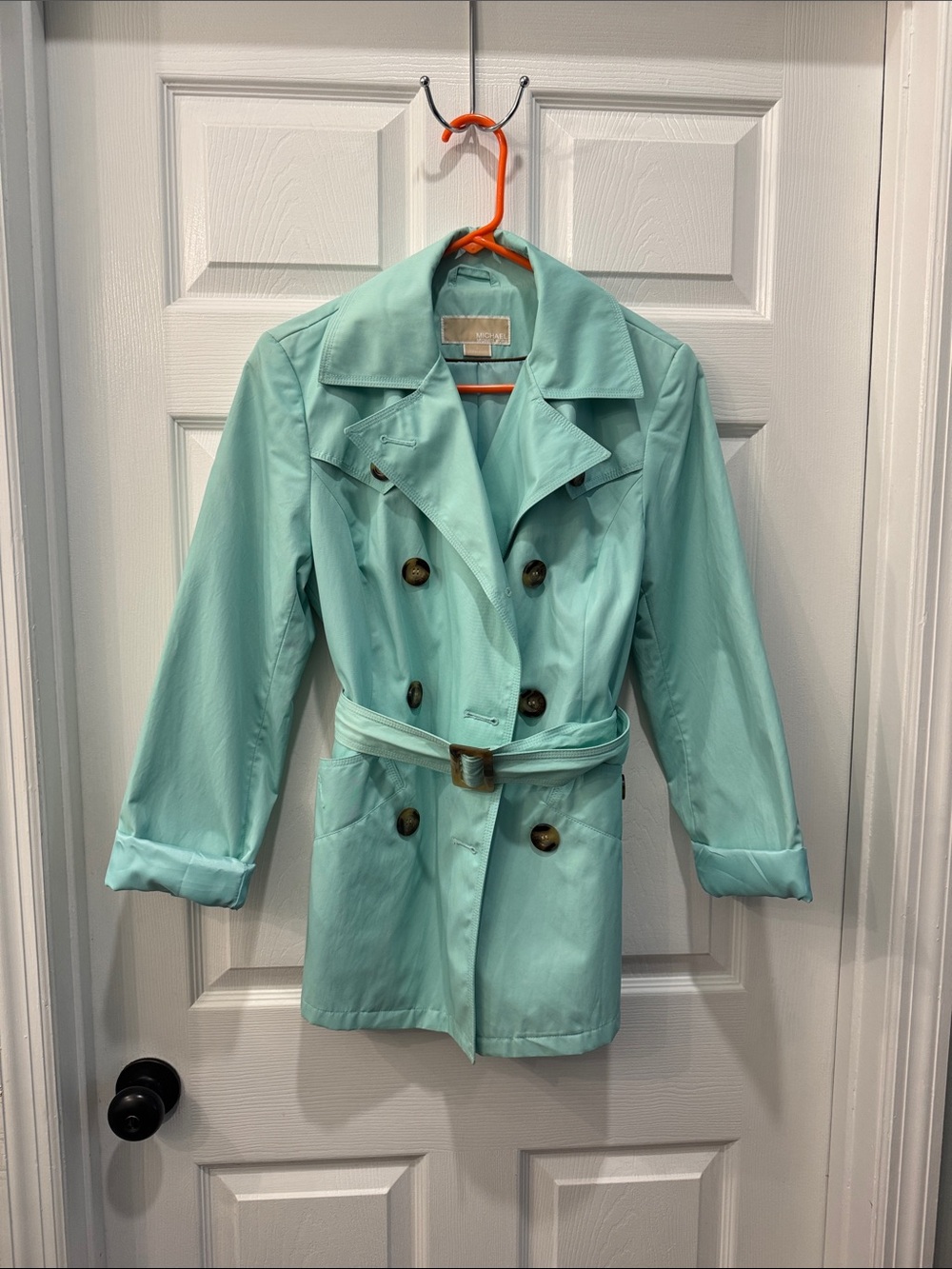 Michael Kors Short MintGreen Double-Breasted Trench Coat with Belt